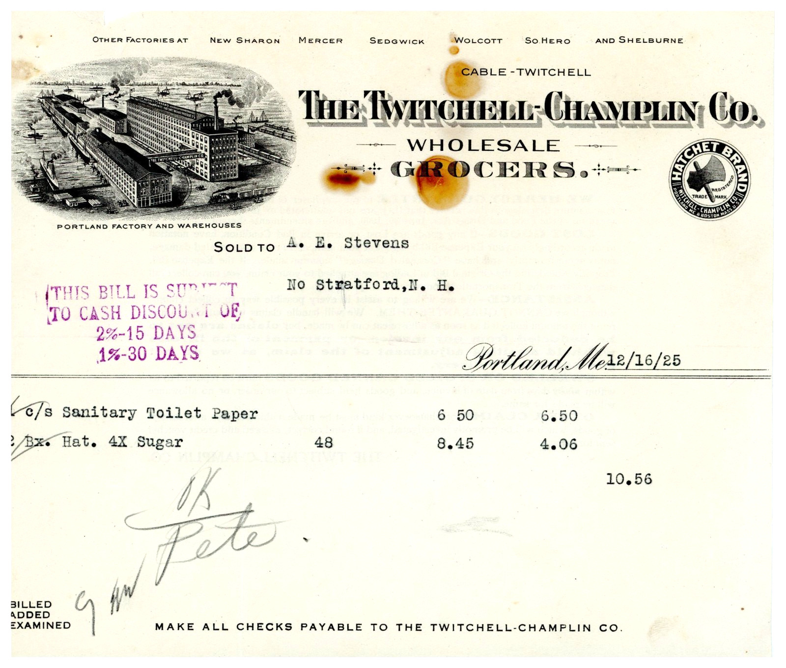 1925 Twitchell-Champlin Co. Invoice Toilet Paper & Sugar Purchase  Portland ME