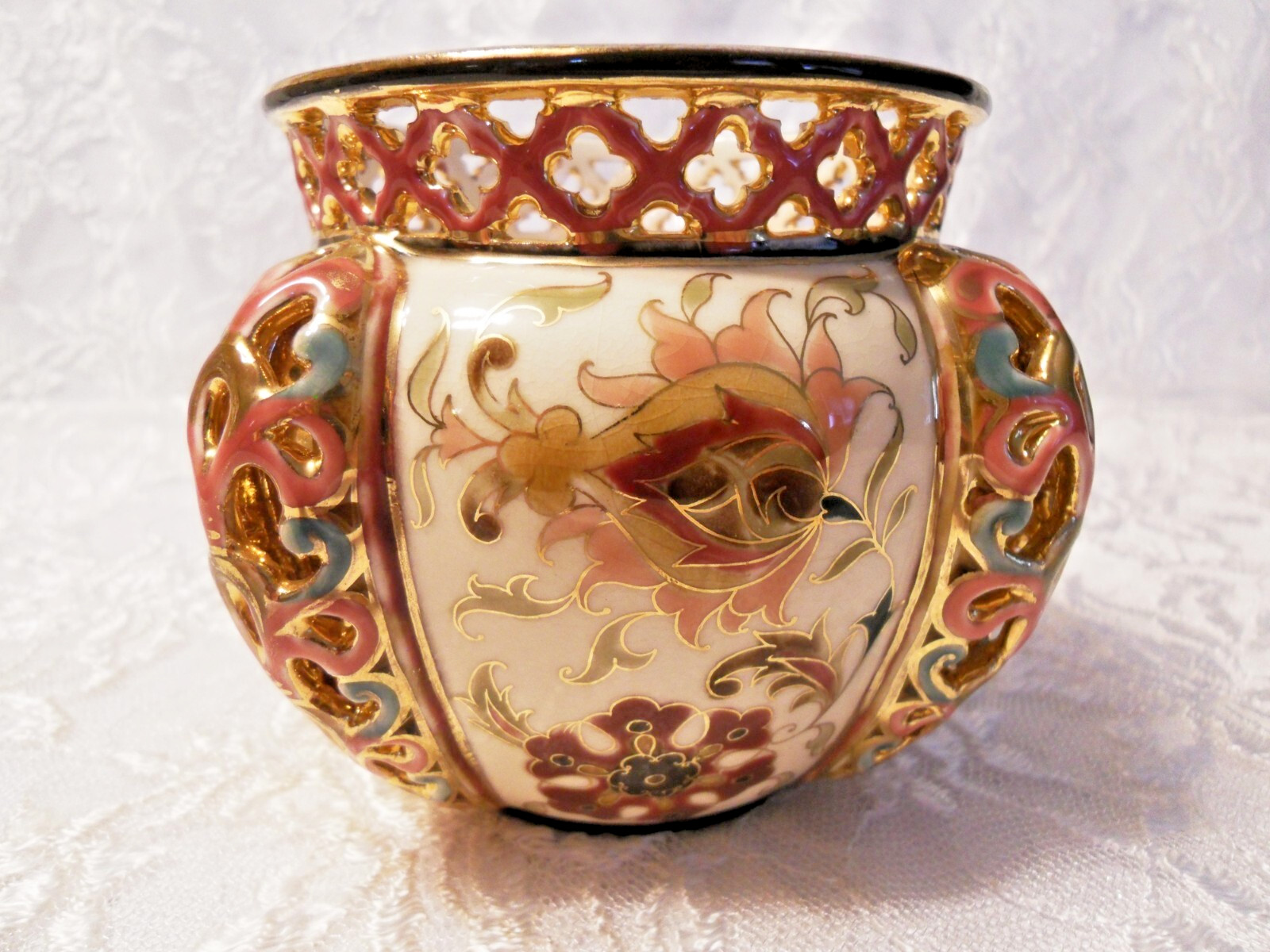 ANTIQUE ZSOLNAY/ PECS PORCELAIN RETICULATED VASE W/PIERCED BORDER 1878-1879