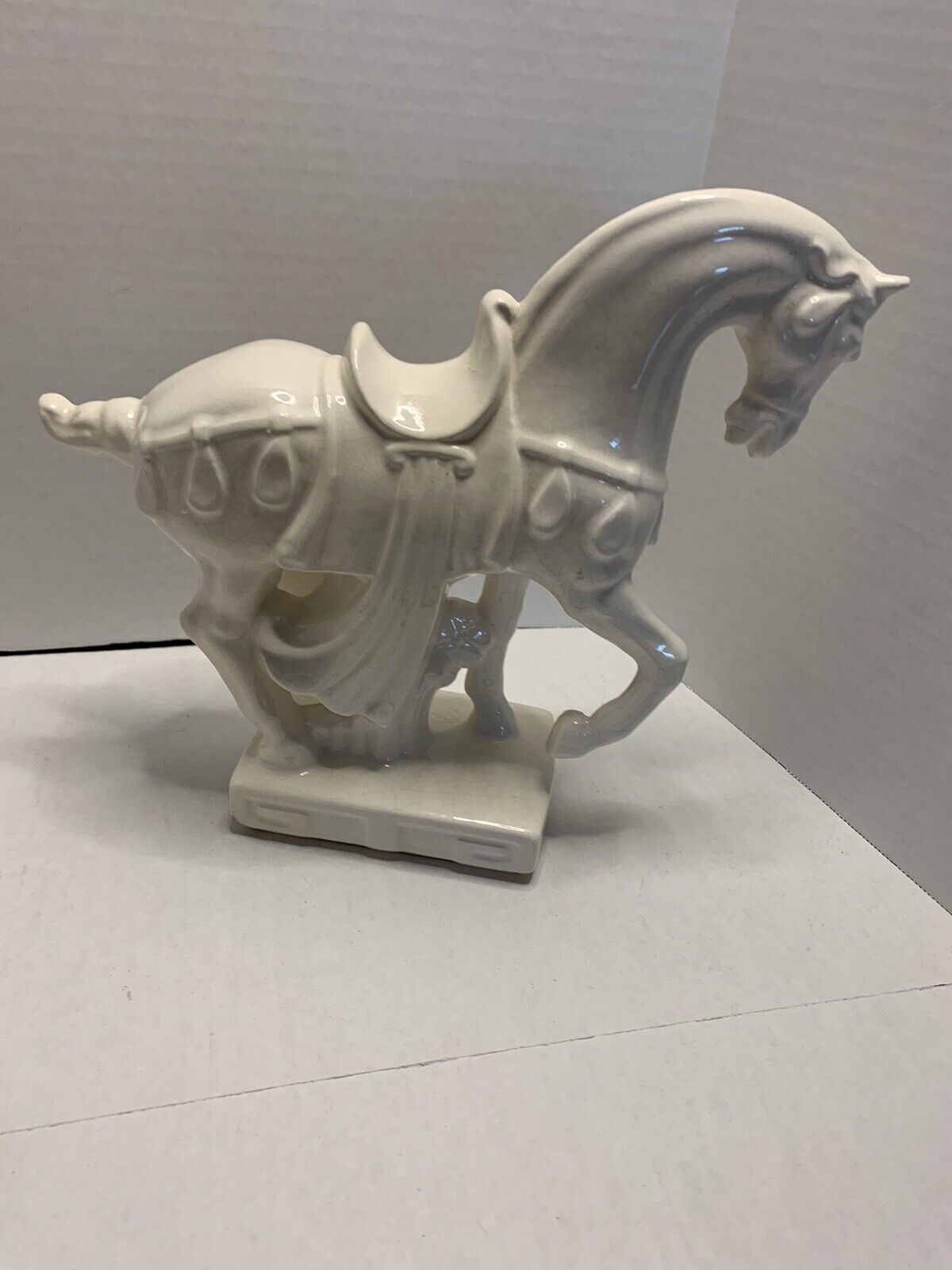 Lane & Co Vintage Ceramic Roman Trojan War Horse Mid Century White Crackle Glaze