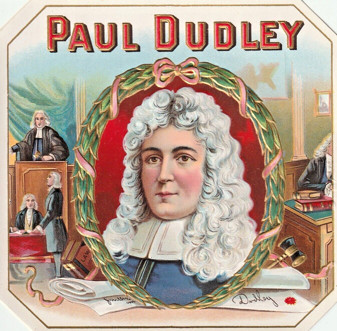 PAUL DUDLEY CIGAR LABEL British Judge + Courtroom + Barrister + Lawyer Embossed