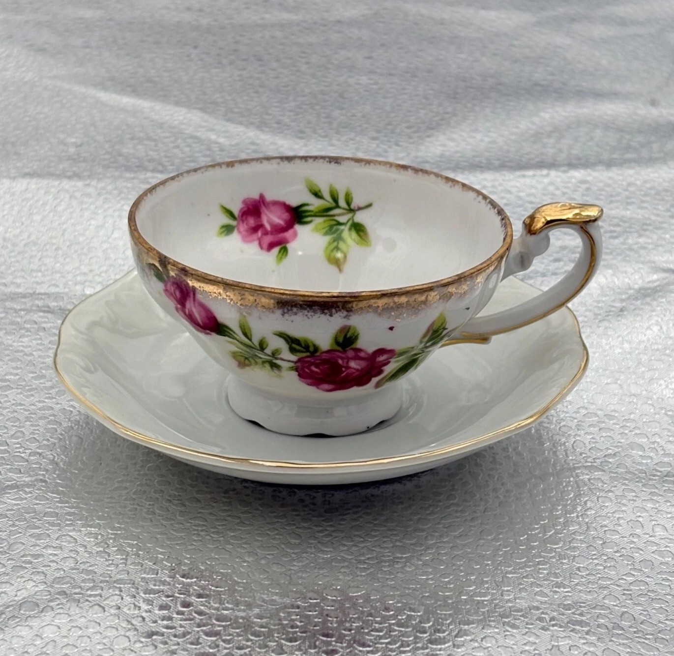 Vintage Bone China Teacup Saucer Set Pink Rose Gold Trim MCM Romantic Victorian