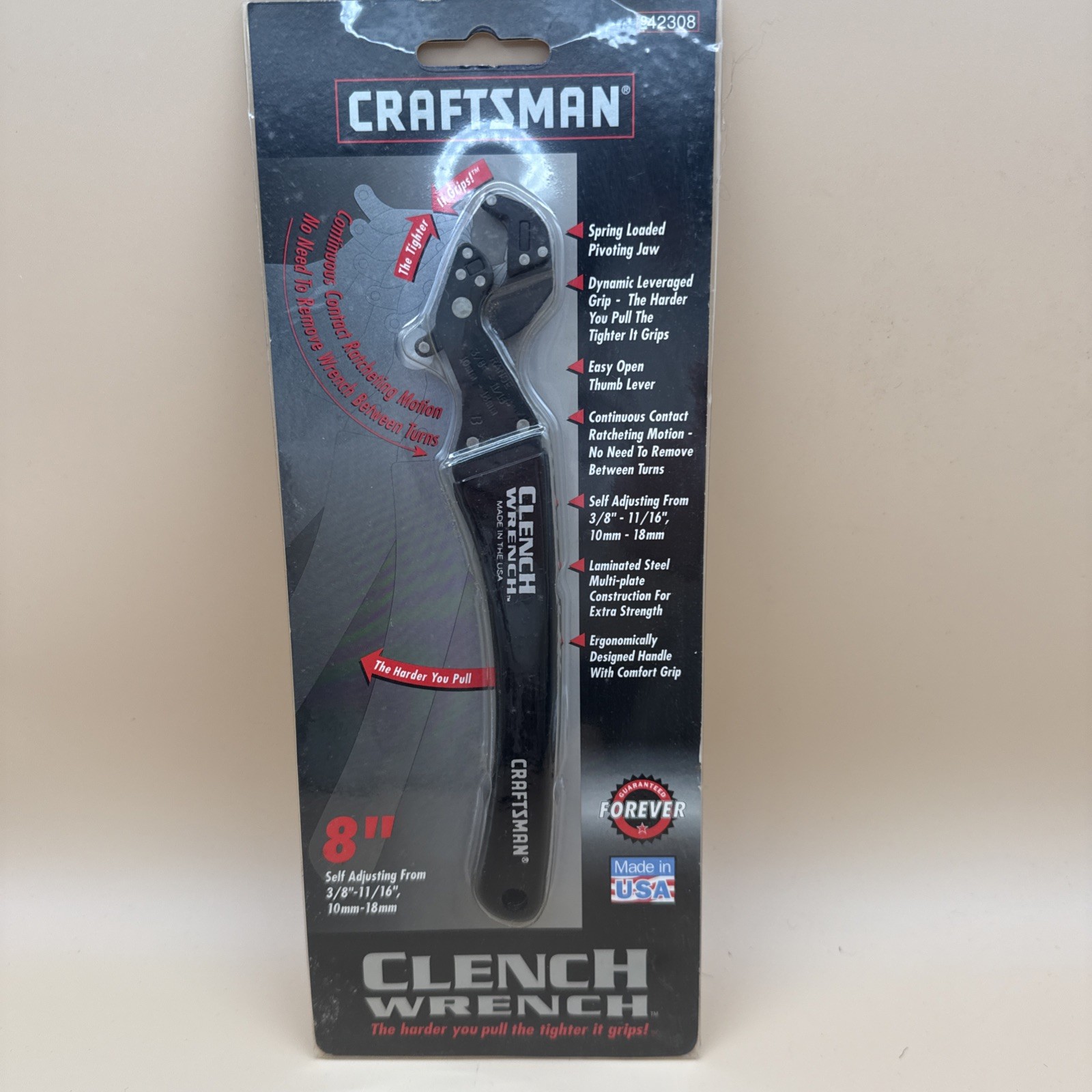 NOS Vintage SEARS Craftsman 8” Clench Wrench 42308 Made in USA on Hang Card