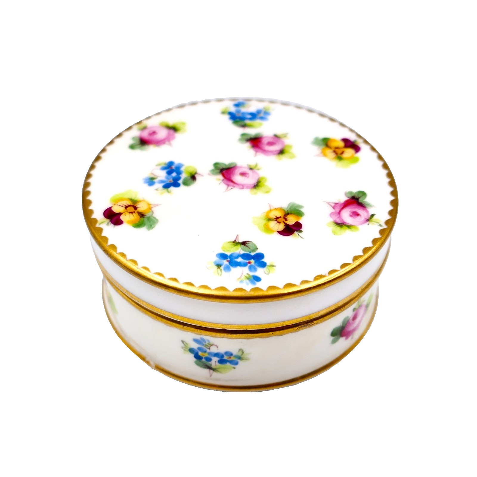 Mintons Trinket Box Hand Paint Roses Pansies Round England Late C19th Antique Mintons Trinket Box Hand Paint Roses Pansies Round England Late C19th Antique