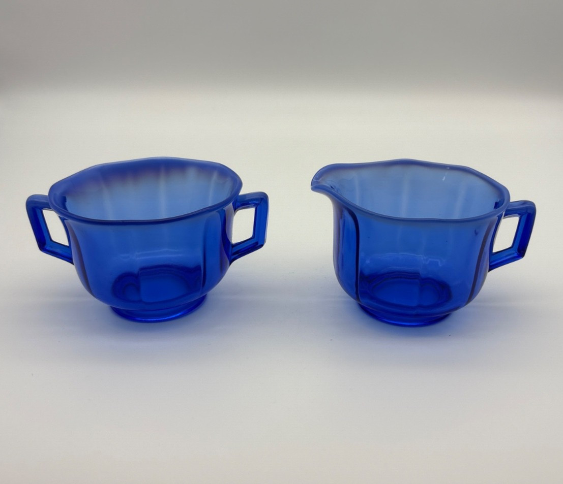 Imperial Glass Molly Cobalt Blue Opalescent Edge Creamer & Sugar Set