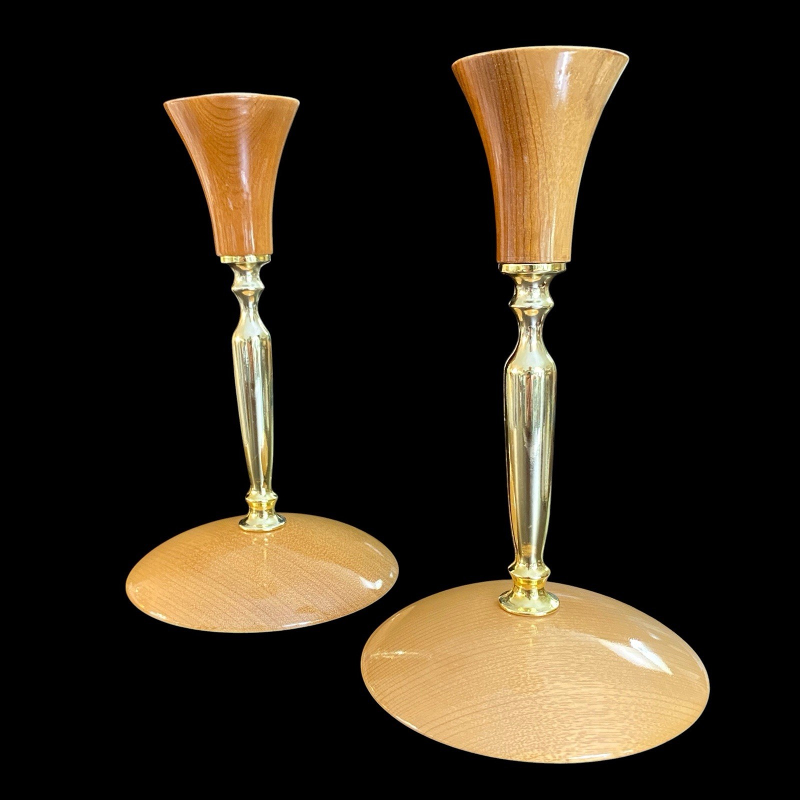 MCM Brass Wood Taper Candlestick Holders & Inserts Candle Oregon Myrtlewood VTG