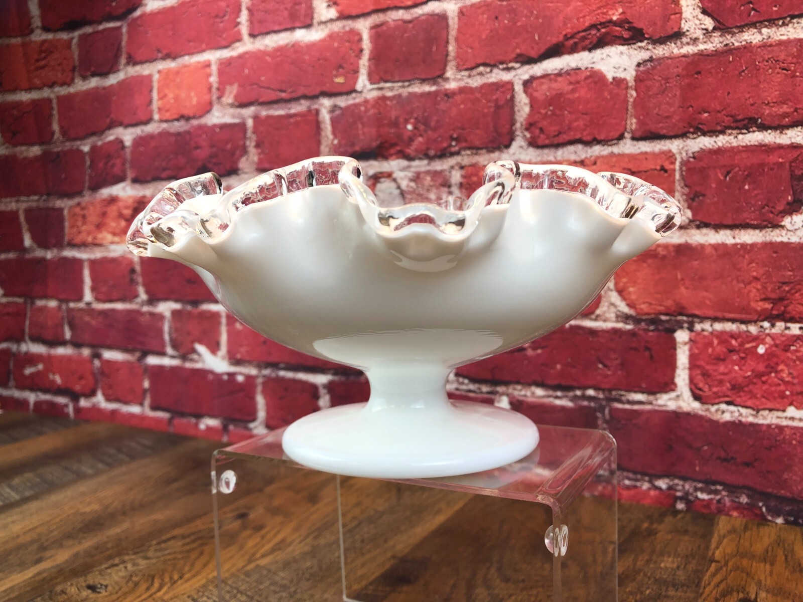 Vintage  FENTON MILK GLASS WHITE Silver Crest Compote RUFFEL BOWL 8.25\