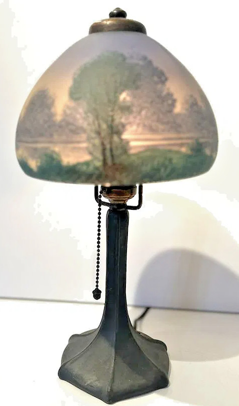 Antique Reverse Painted Scenic Glass Boudoir Lamp – Handel Style – Arts & Crafts