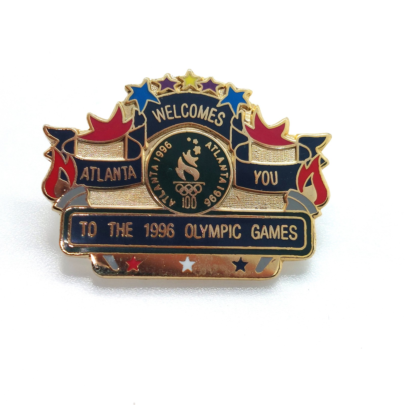 Vintage Atlanta Welcomes You to the 1996 Olympic Games Pin Stars Torch Banner Vintage Atlanta Welcomes You to the 1996 Olympic Games Pin Stars Torch Banner