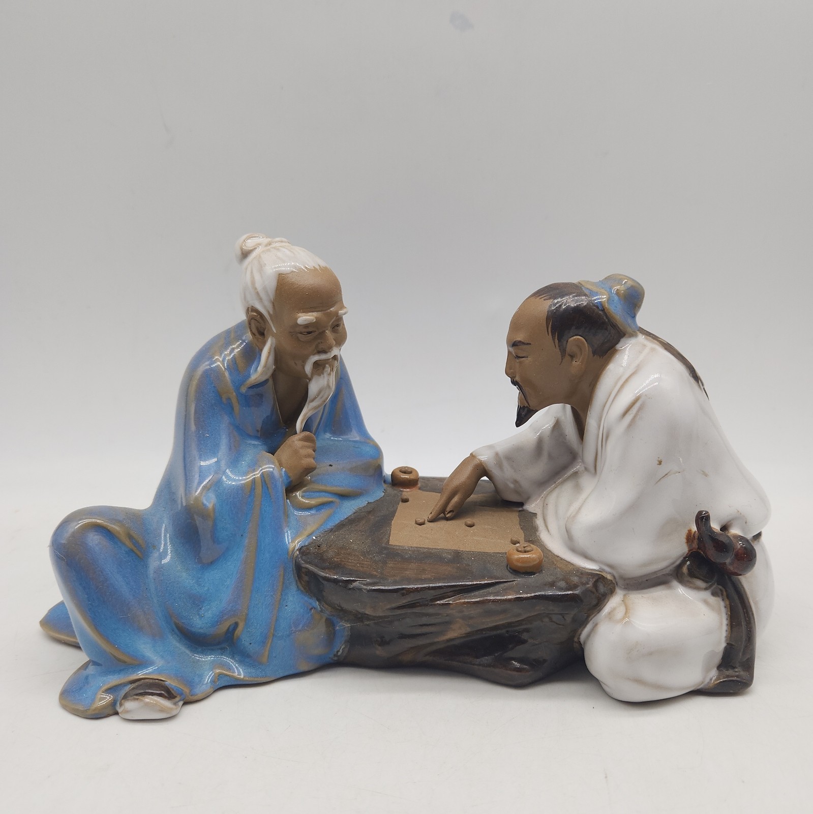 Vintage Shiwan Mudman Glazed Clay Art Pottery Men Playing Chess/Checkers...    F