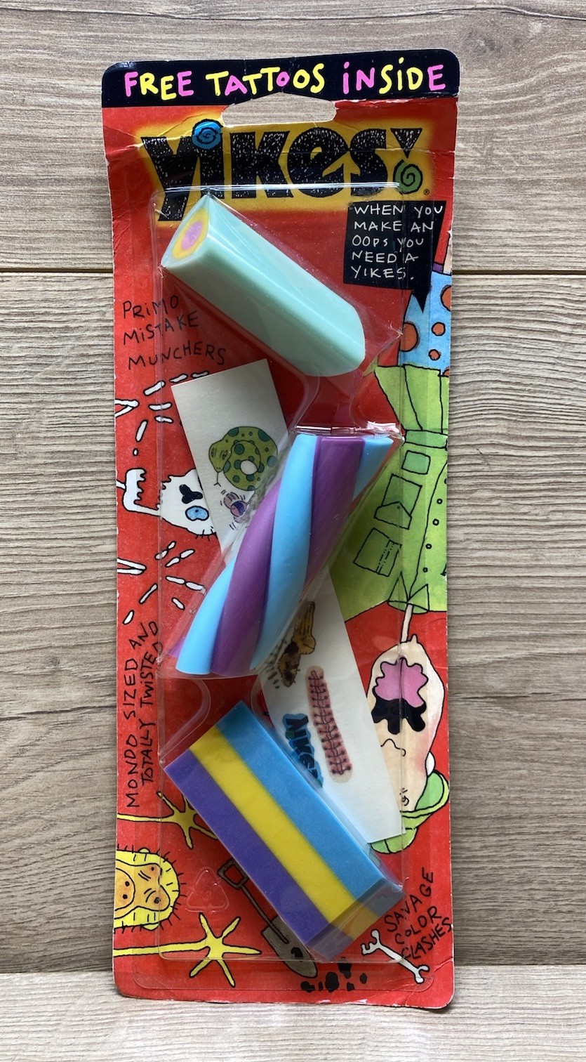 Vintage 1993 Yikes Eraserama Mondo Combo Eraser Set Sealed Berol w/ Tattoos