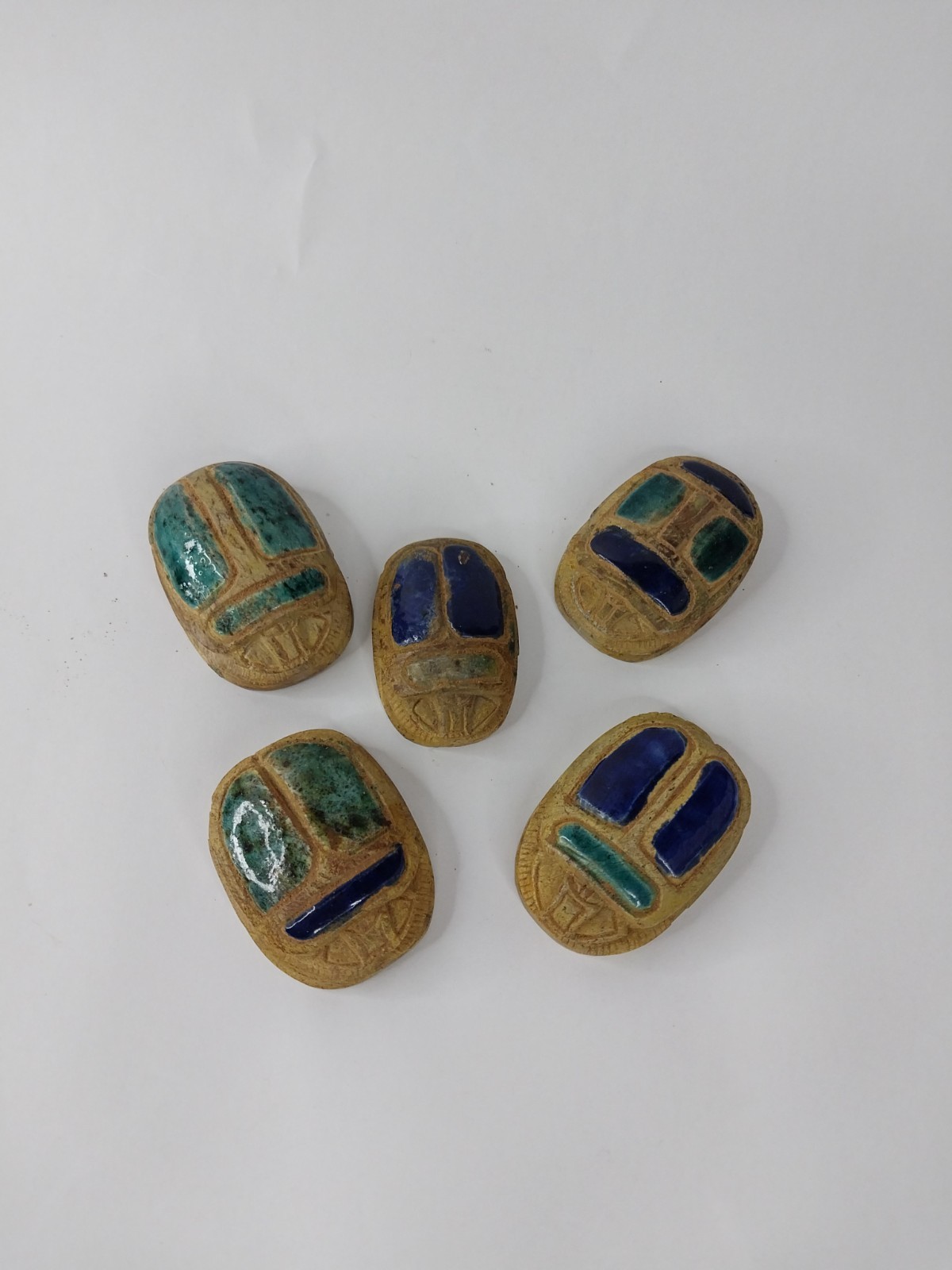 SET OF 5 ANCIENT EGYPTIAN Scarab Beetle Amulets Faience Blue Green Decor