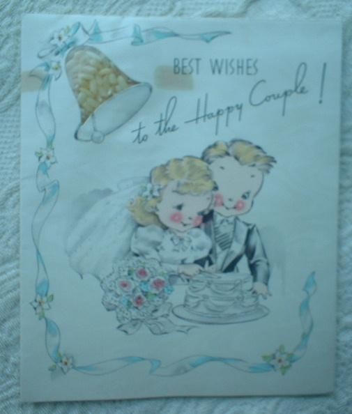 VINTAGE WEDDING SHOWER GREETING CARD w/ GOOD LUCK RICE ~1940\'s RUST CRAFT BOSTON