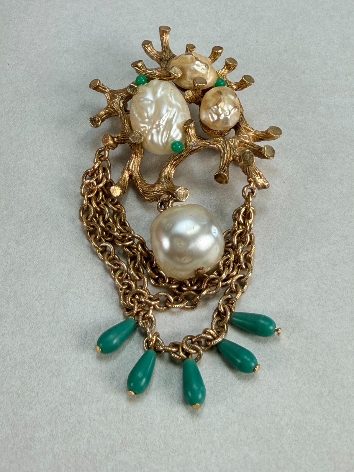 Vintage Brutalist Gold Faux Pearl Brooch Green Beads Coral Branch Statement Pin