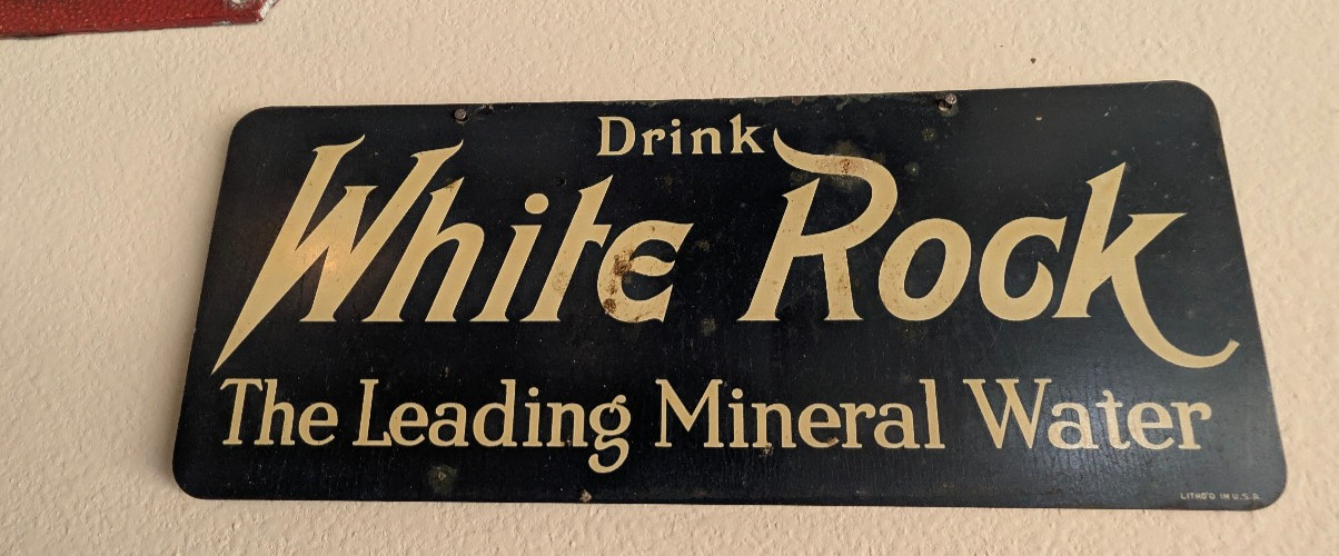 Vintage White Rock Soda Tin Sign 4x10 Litho In USA Mineral Water Door Push Rare