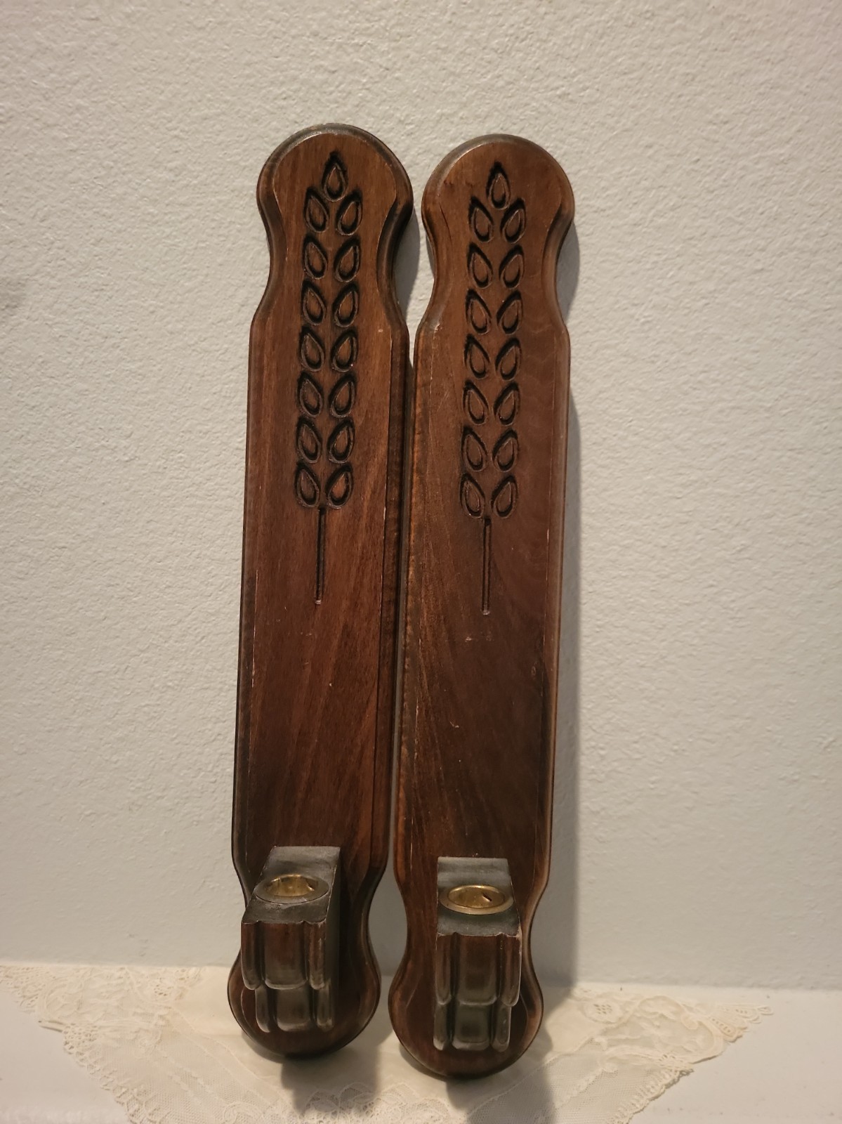 Vintage Wooden Wall Sconces Decor Hanging Brown Candle Holders Wheat Leaf 1970s