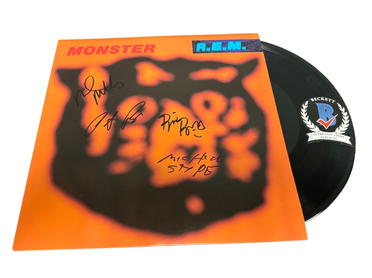 REM Band Signed Autograph Monster Vinyl LP Michael Stipe Mike Mills + 2 Beckett
