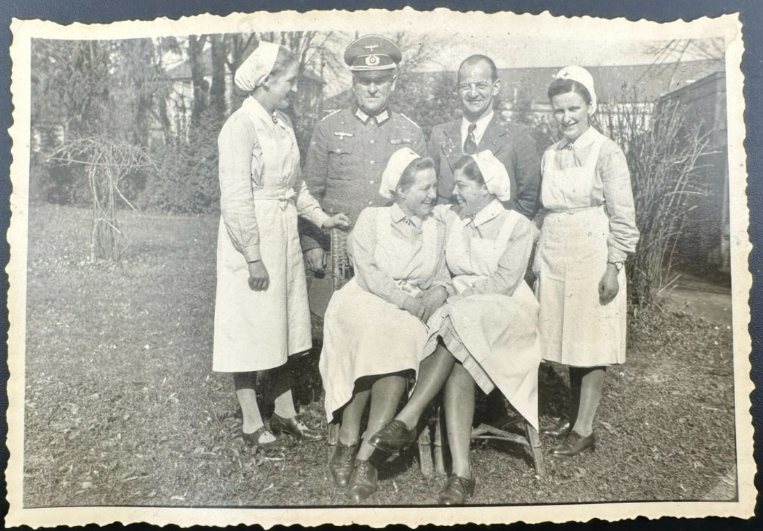 Vintage WWII German Soldier with Red Cross Nurses Original Photo WW2
