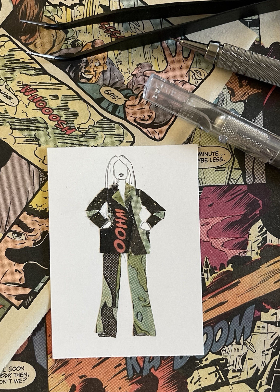 Original ACEO Comic Couture Collage Pencil Drawing Superheroes OOAK
