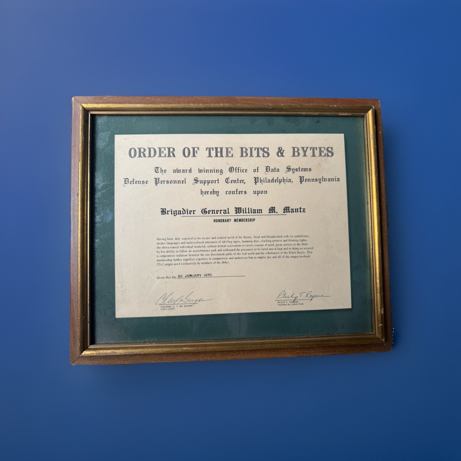 Order of the Bits & Bytes Honorary Certificate 1970 Brig Gen W.M. Mantz