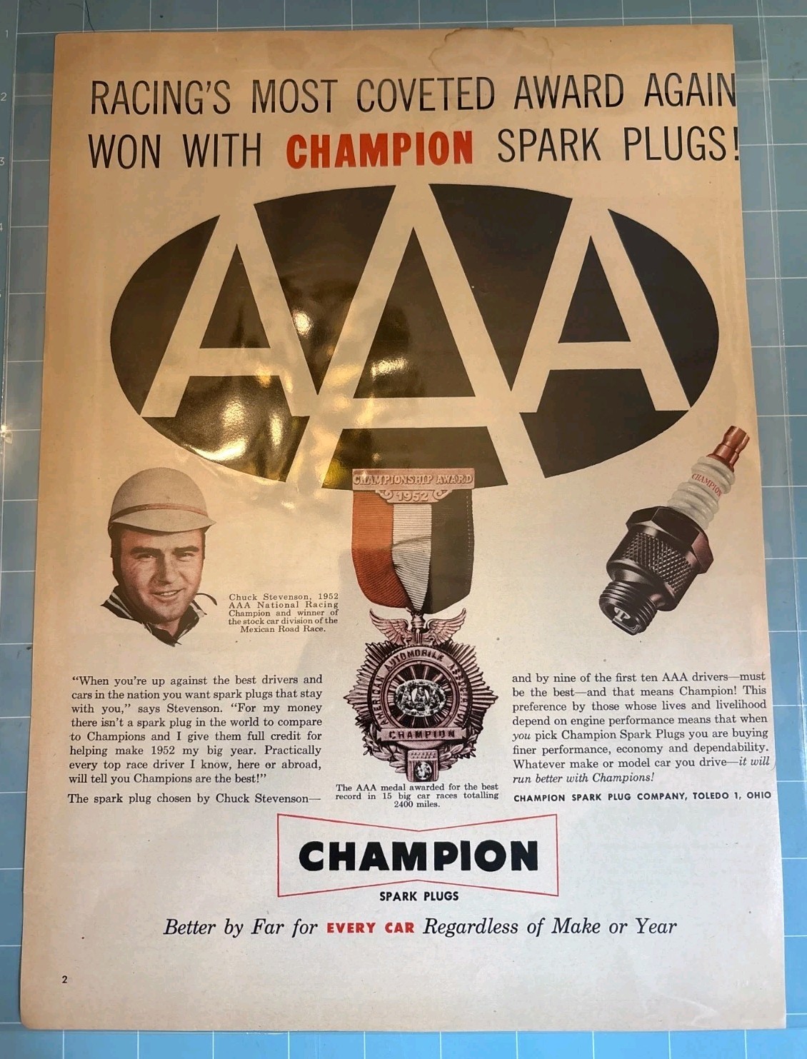 1953 Champion Spark Plugs Chuck Stevenson AAA Racing Original Magazine Print Ad