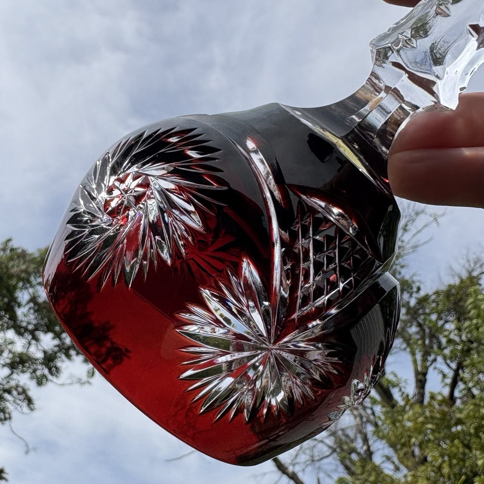 Vtg Ruby Red Cut To Clear Crystal Bell Bohemian Pinwheel Lead Glass Christmas