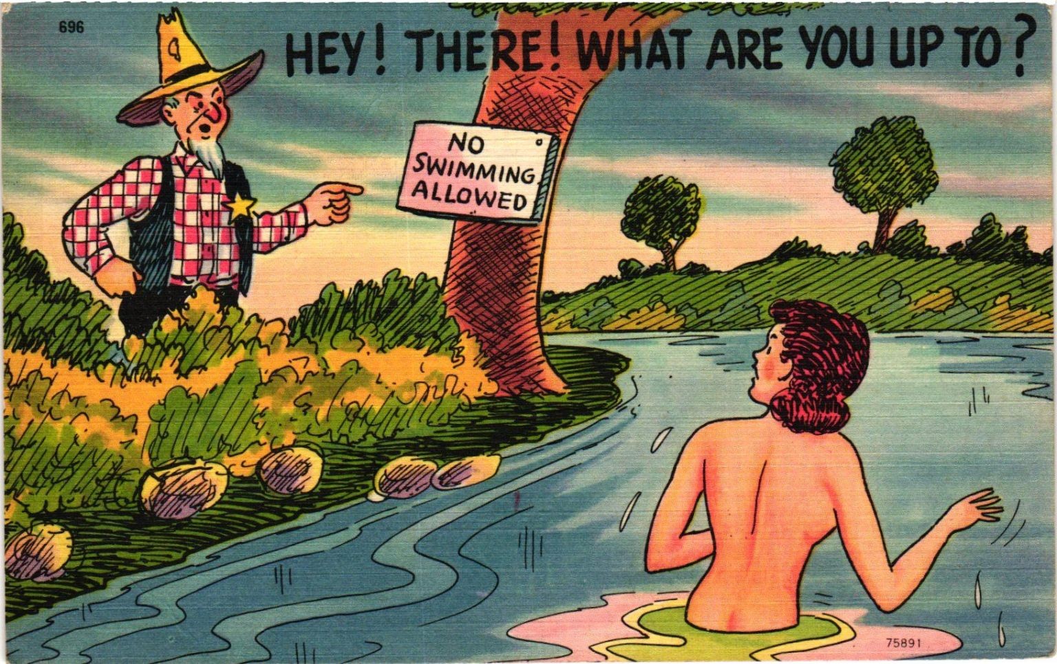Vintage Tichnor Comic Linen Postcard Sheriff & Skinny Dipper No Swimming 1957