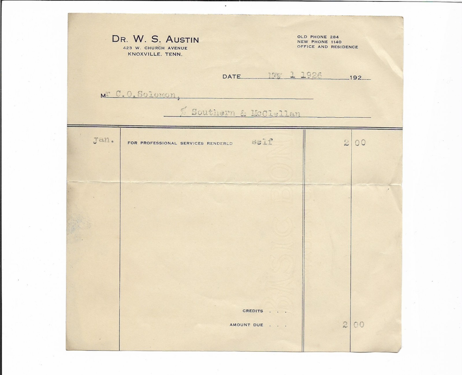 1926 DR. W.S. AUSTIN CHURCH AVE KNOXVILLE TENN TENNESSEE LETTERHEAD LETTER