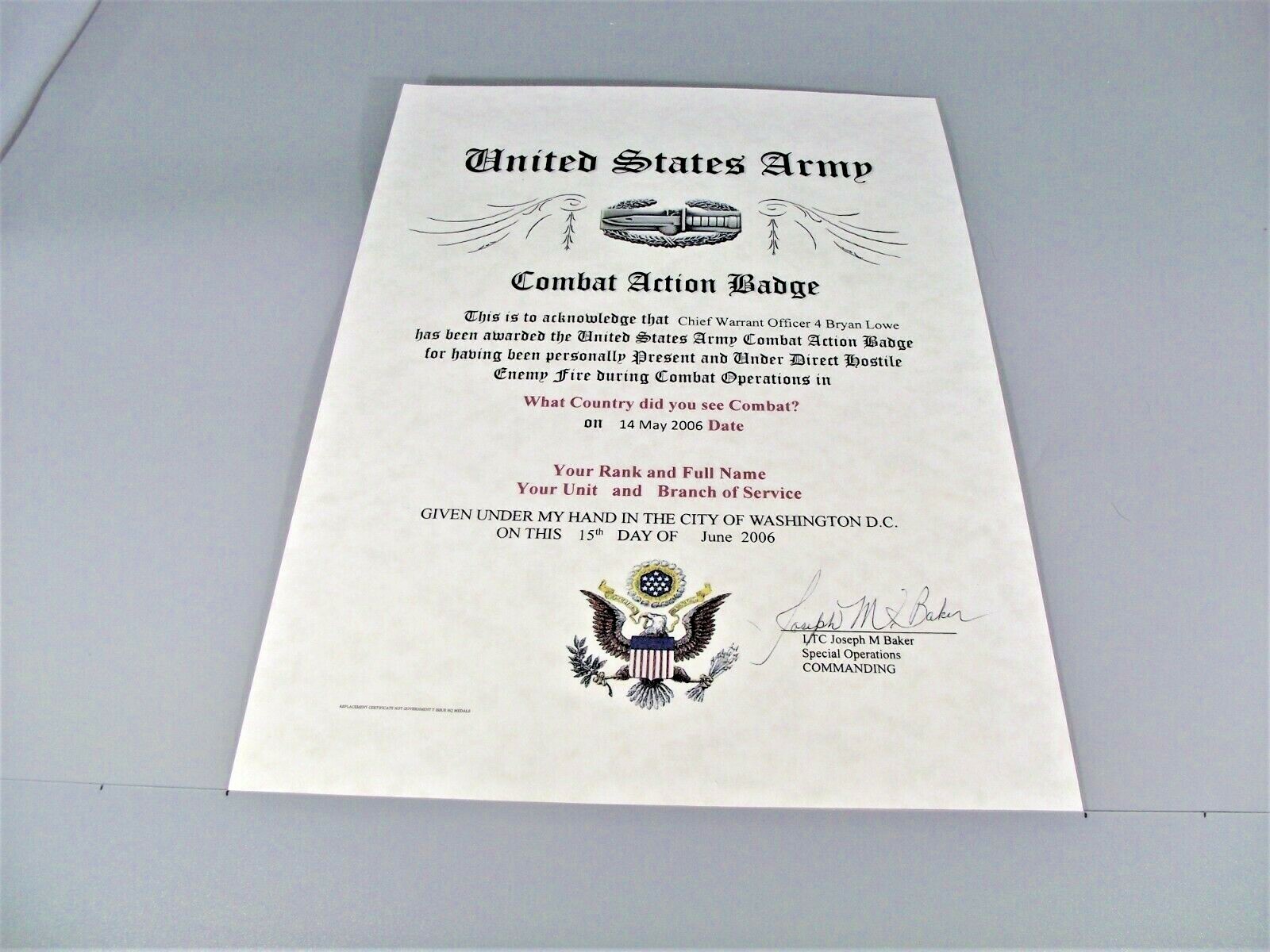 Army Combat Action Badge Medal Replacement Certificate CAB Army Combat Action Badge Medal Replacement Certificate CAB