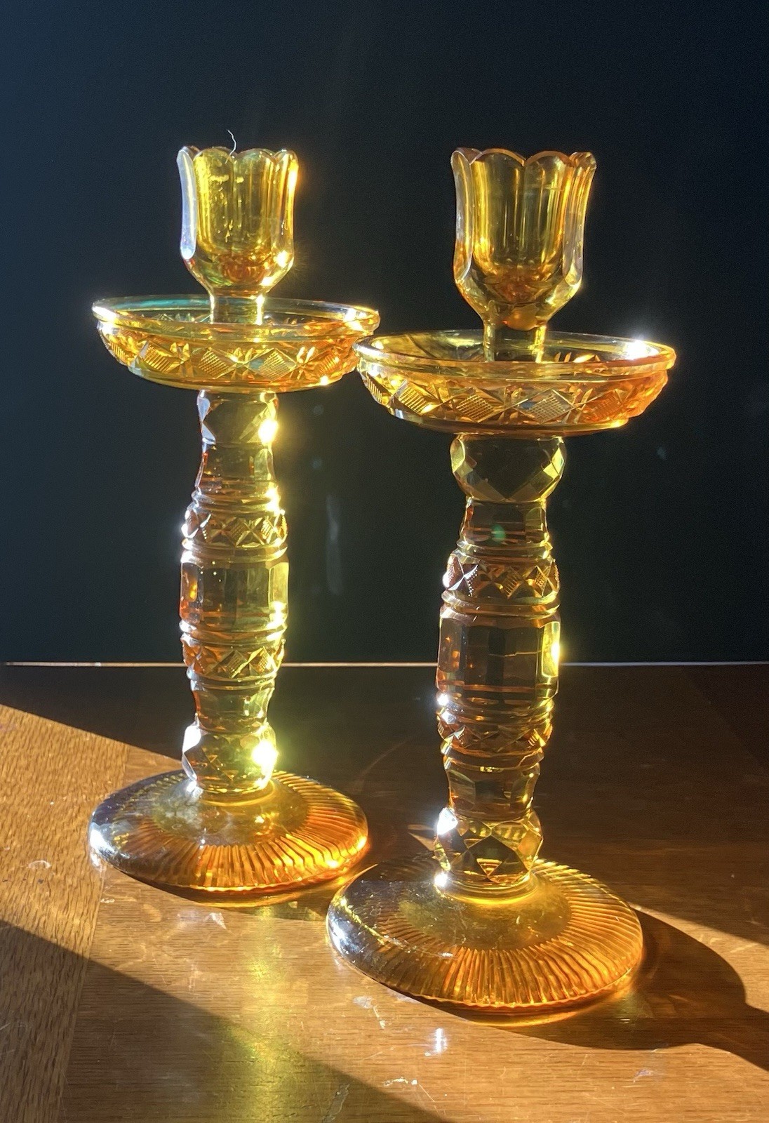 Vintage Crystal Candlestick Candle Holders Yellow Amber Crystal Glass