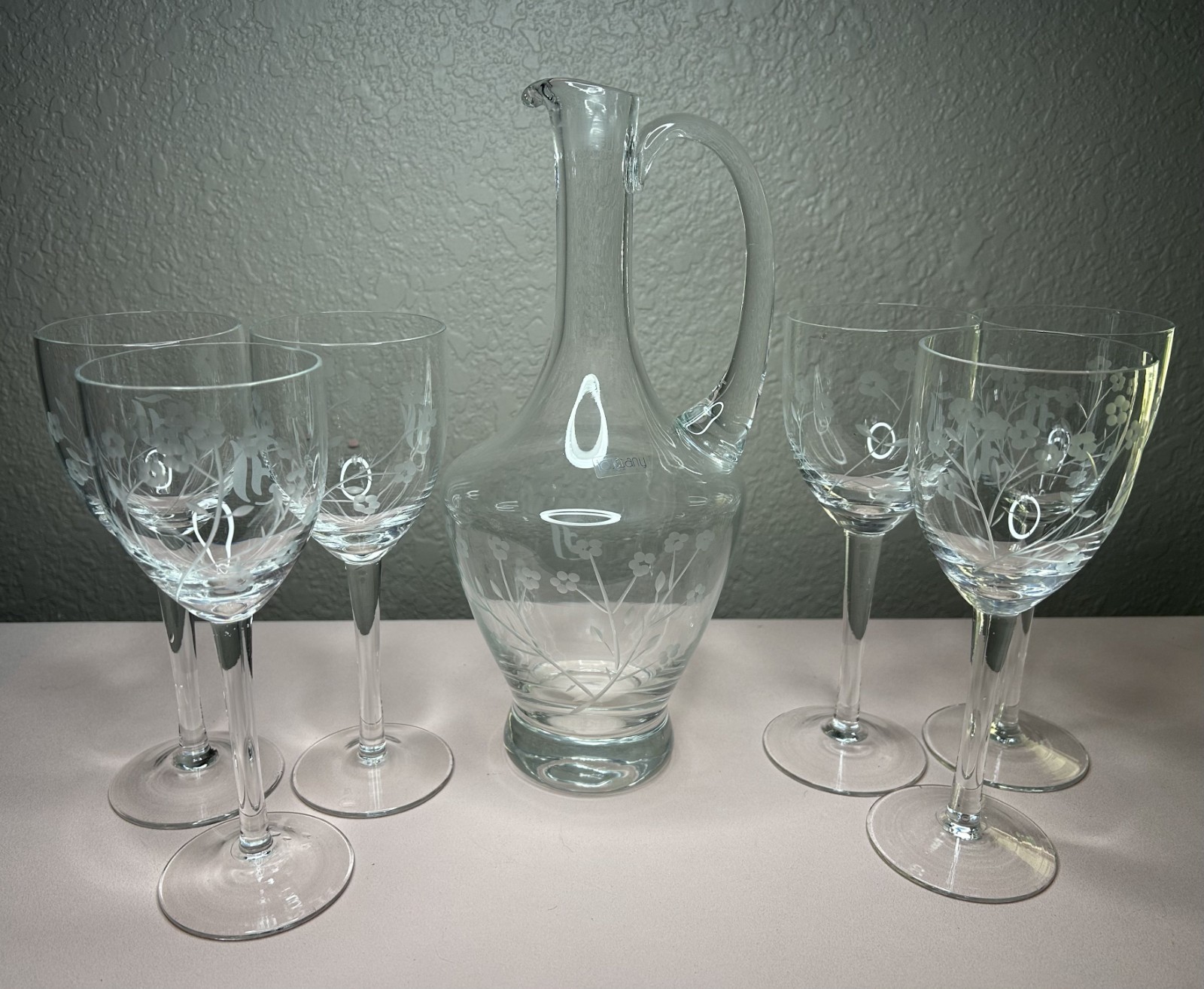 Vintage Toscany Romania Etched Glass Wine Set Decanter Pitcher & 6 Stem Glasses