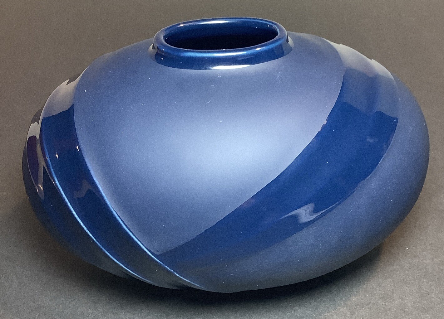 Vase Matte Finish 2 Tone With high gloss bands blue 4 In Tall Oval Shaped