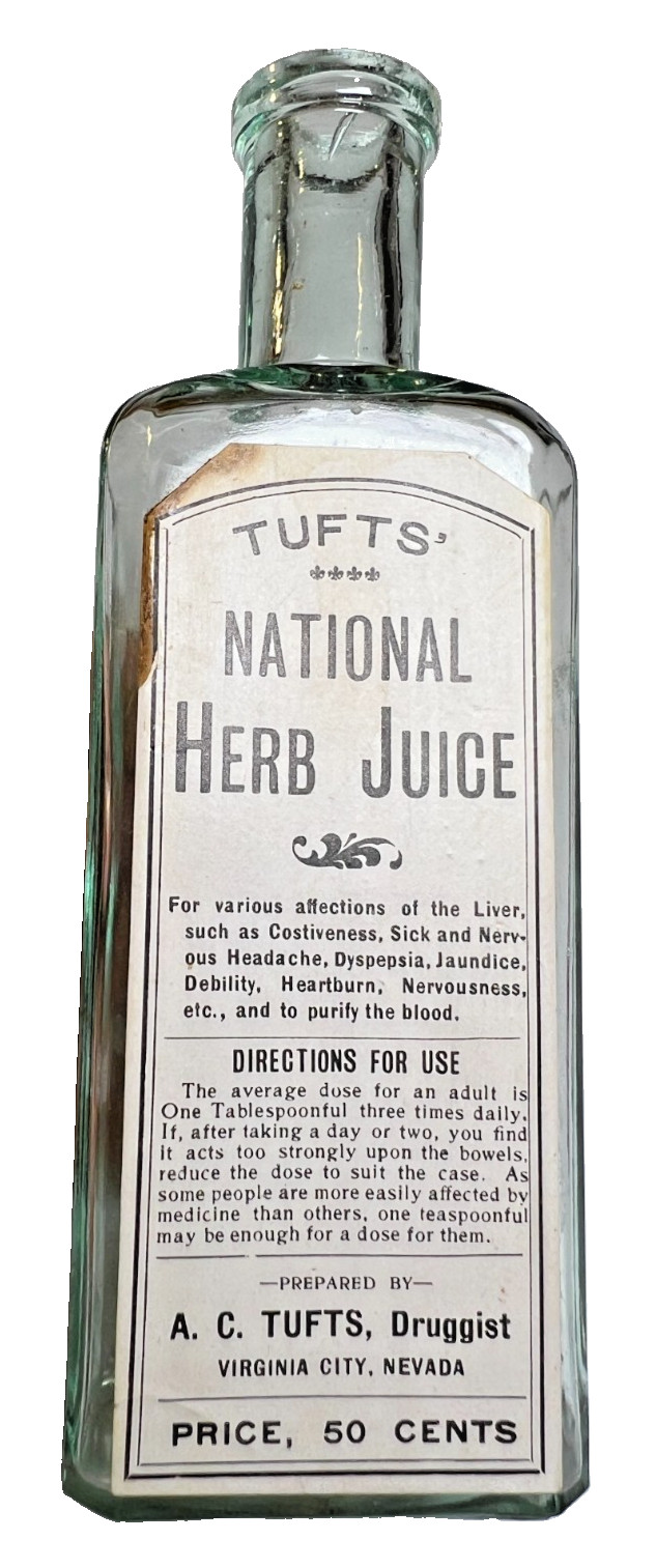 RARE Tufts Herb Juice Bottle Virginia City Nevada Comstock Labeled Gold Rush