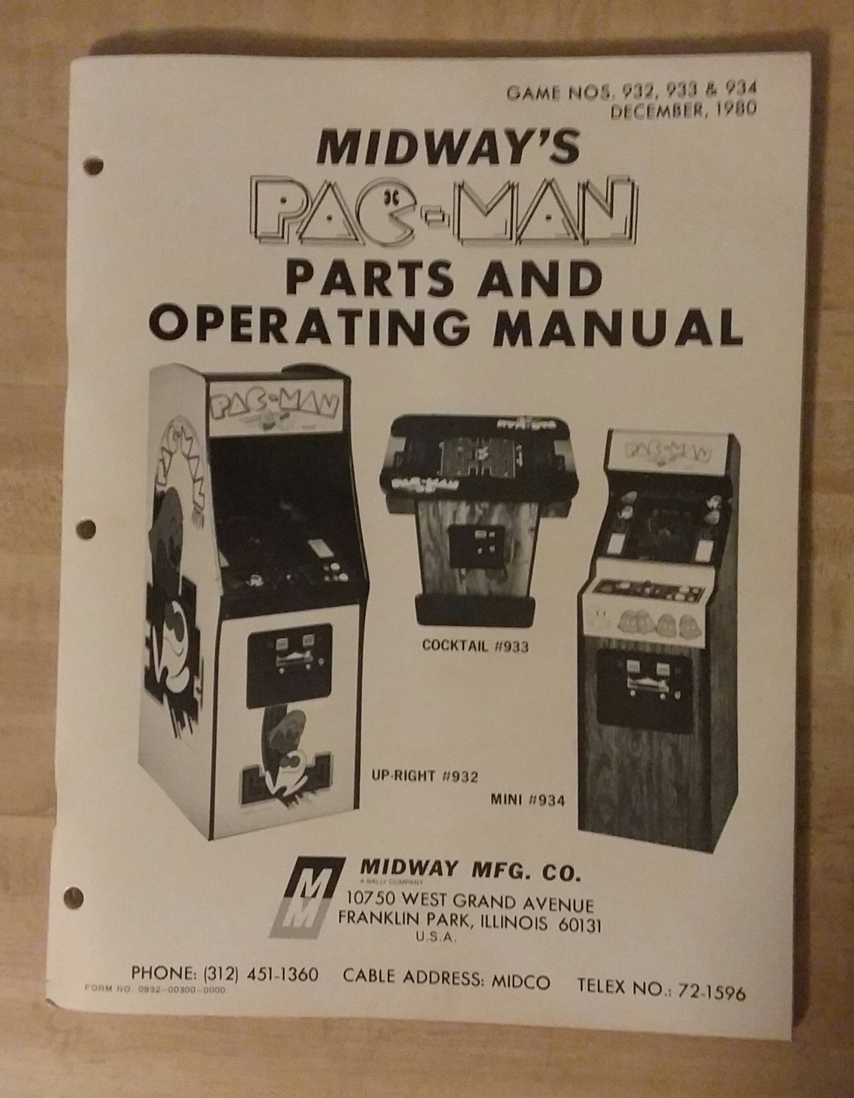 Original Pac Man Arcade Parts & Operating Manual - 1980 Original Pac Man Arcade Parts & Operating Manual - 1980