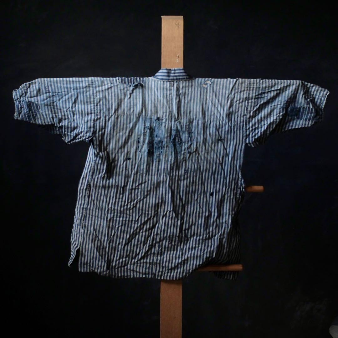 Japanese Boro Noragi Jacket Indigo Dyed Striped Cotton Patched Mended Work Wear