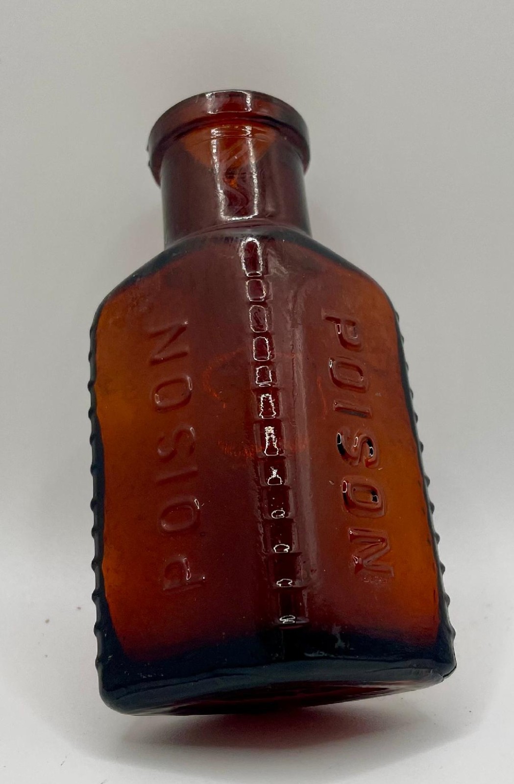 Antique Triangle POISON Medicine Bottle Unique Double Side Embossed Amber 2 5/8