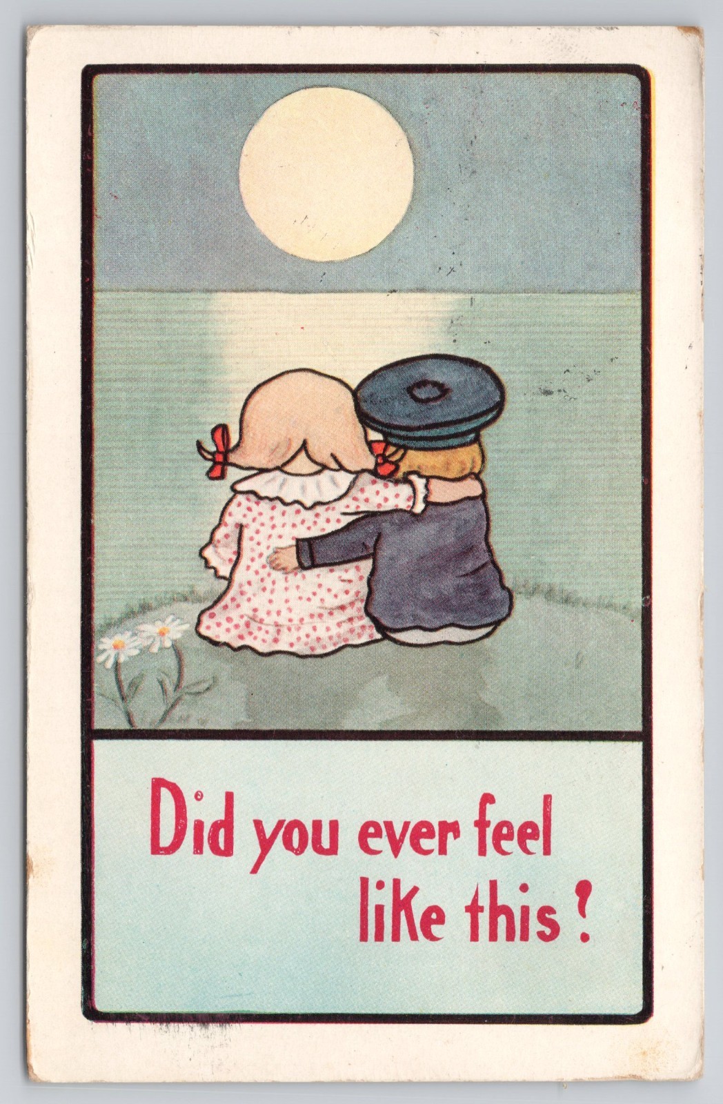 1910s Antique Comic Postcard Kids Hugging Full Moon Ocean View Cute Kid 675