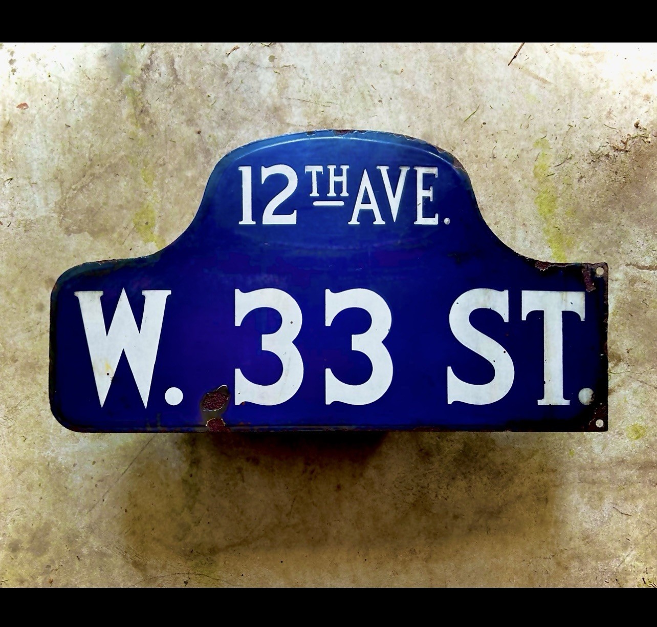 New York City Authentic—Vintage Cobalt Blue Porcelain “Humpback” Street Sign