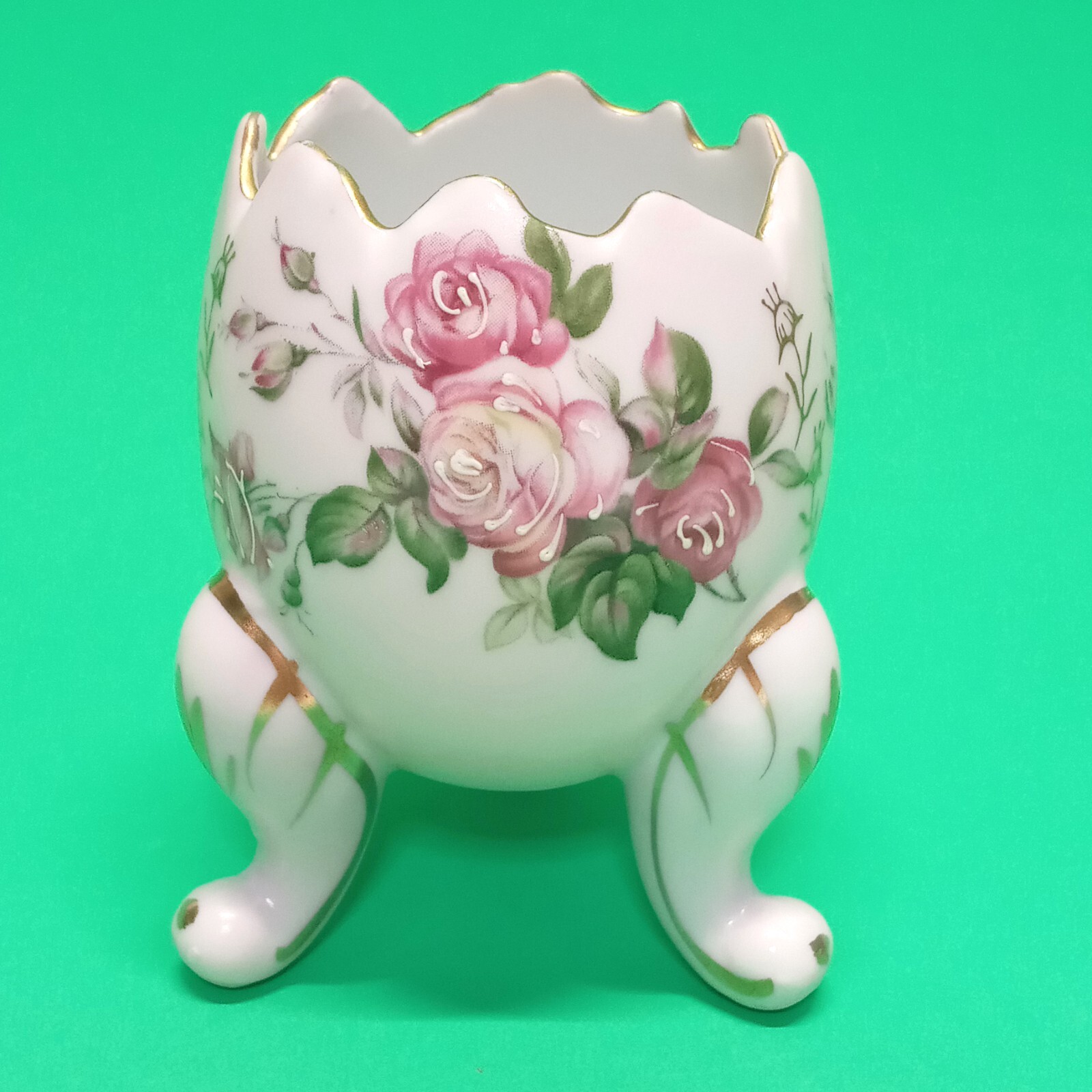 VTG Inarco Sm Cracked Egg Vase Porcelain Footed Pink Floral & Gold Japan Spring