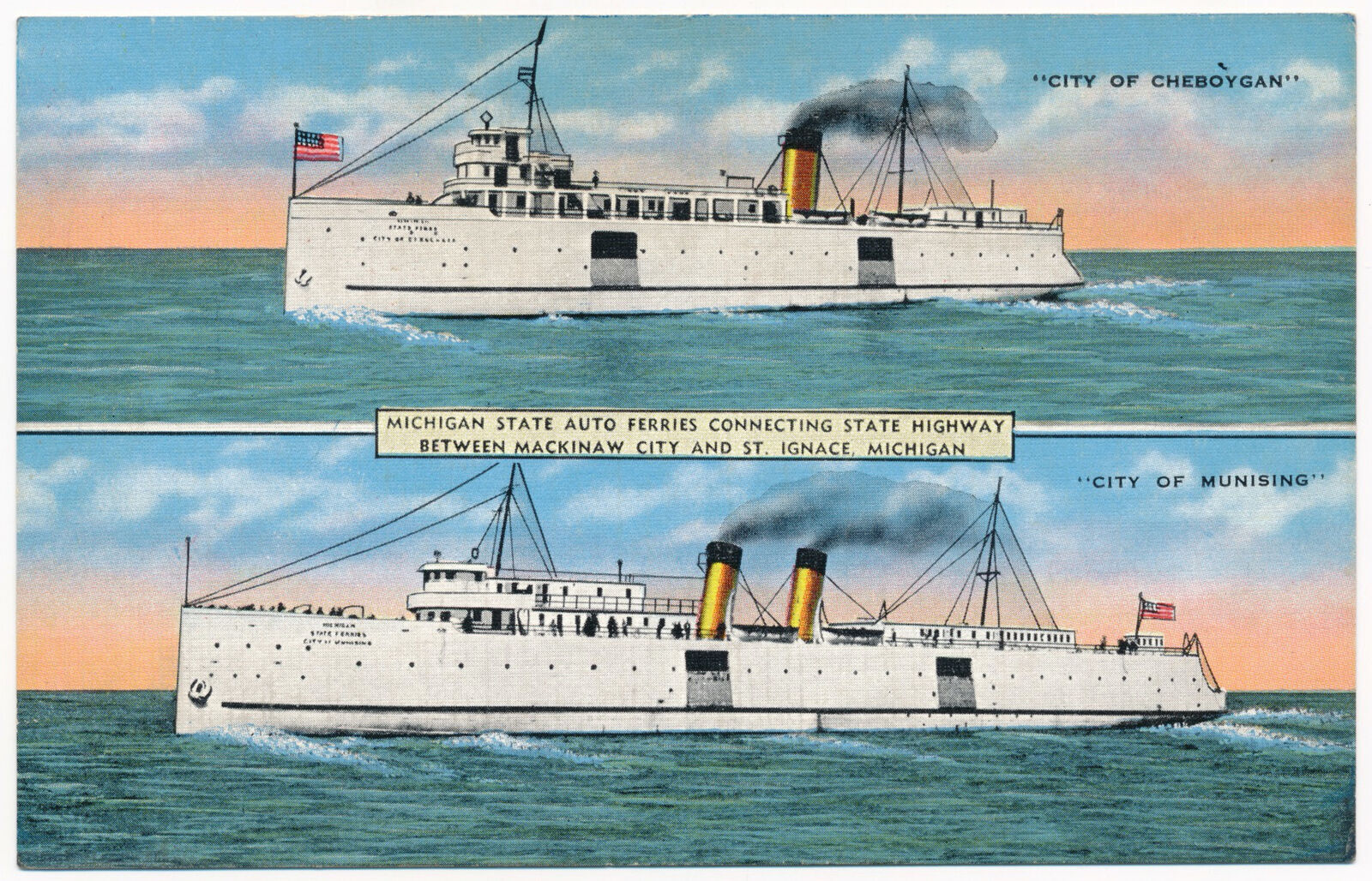 Michigan State Auto Ferries connecting Mackinaw City and St. Ignace, MI ca.1930s