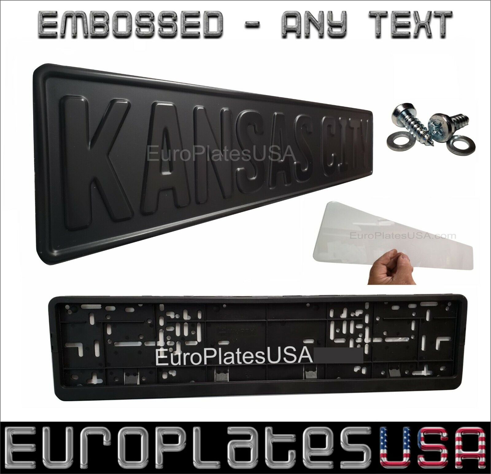European License Plate Kit, ANY TEXT, EMBOSSED, ALL FLAT BLACK MATTE, BLACK TEXT
