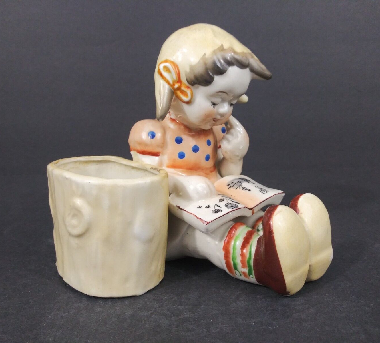 Vintage Occupied Japan Hand Painted Ceramic Sitting Girl Reading Figural Planter