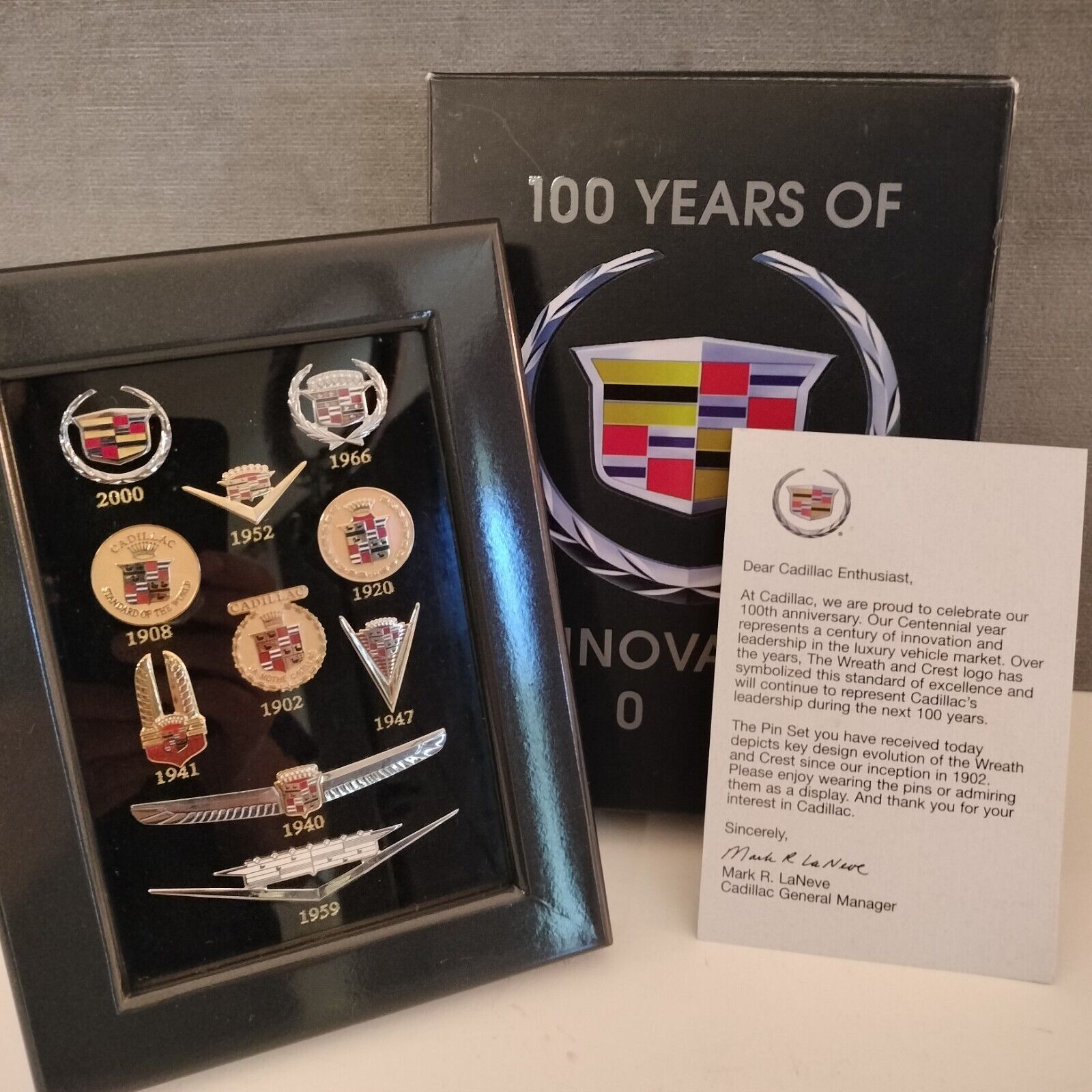 Vintage Cadillac 100 Years Of Innovation 10 Emblem Lapel Pin Framed Display 2002