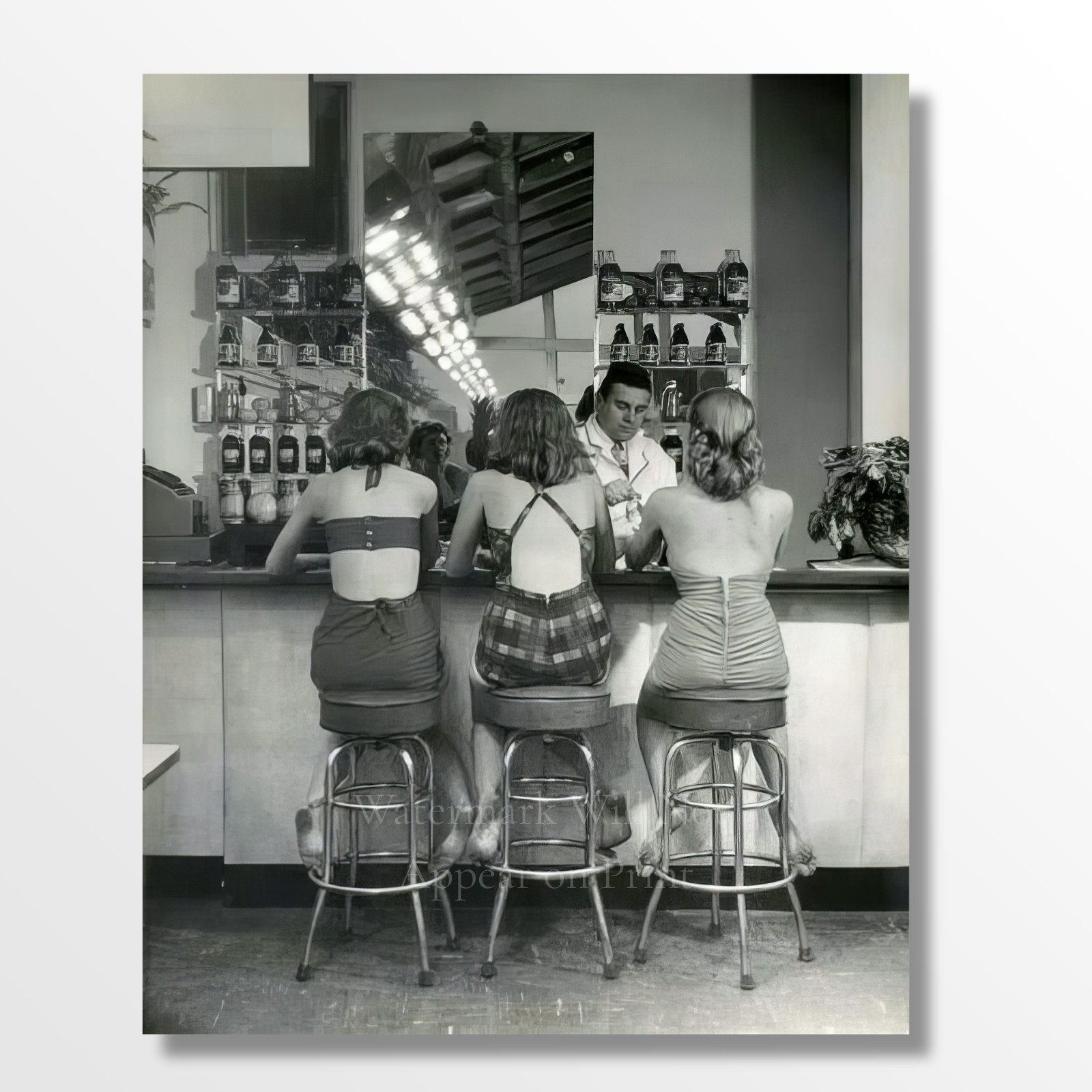 Vintage 1950s Girls Sitting at Soda Shop Counter Giclee Fine Art Print
