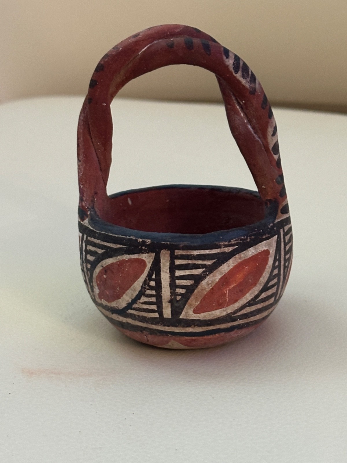 Circa 1930 Isleta Pueblo Native Indian Polychrome Wedding Basket w Twist Handle