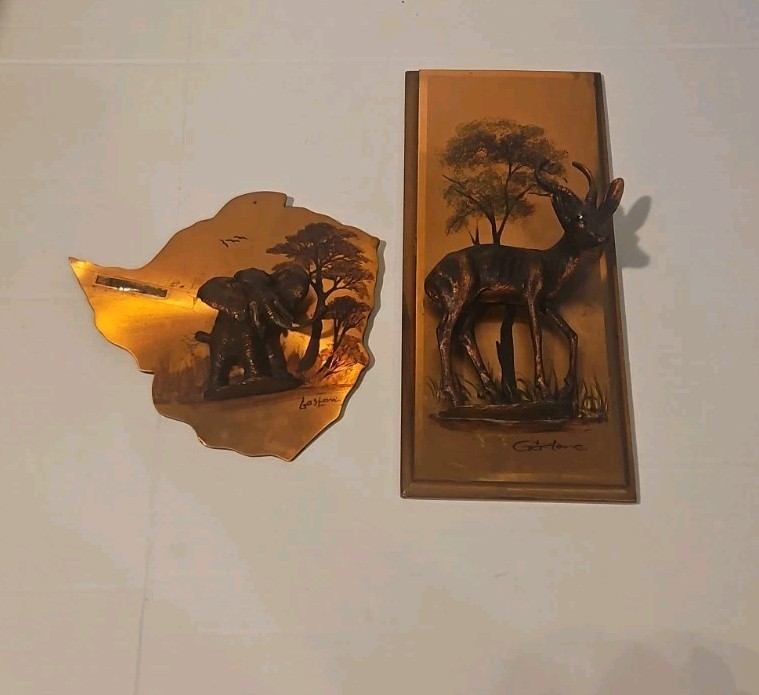 (2) Vintage Gastone Copper Art 3D Wall Plaques Elephant Springbok Rhodesia (2) Vintage Gastone Copper Art 3D Wall Plaques Elephant Springbok Rhodesia