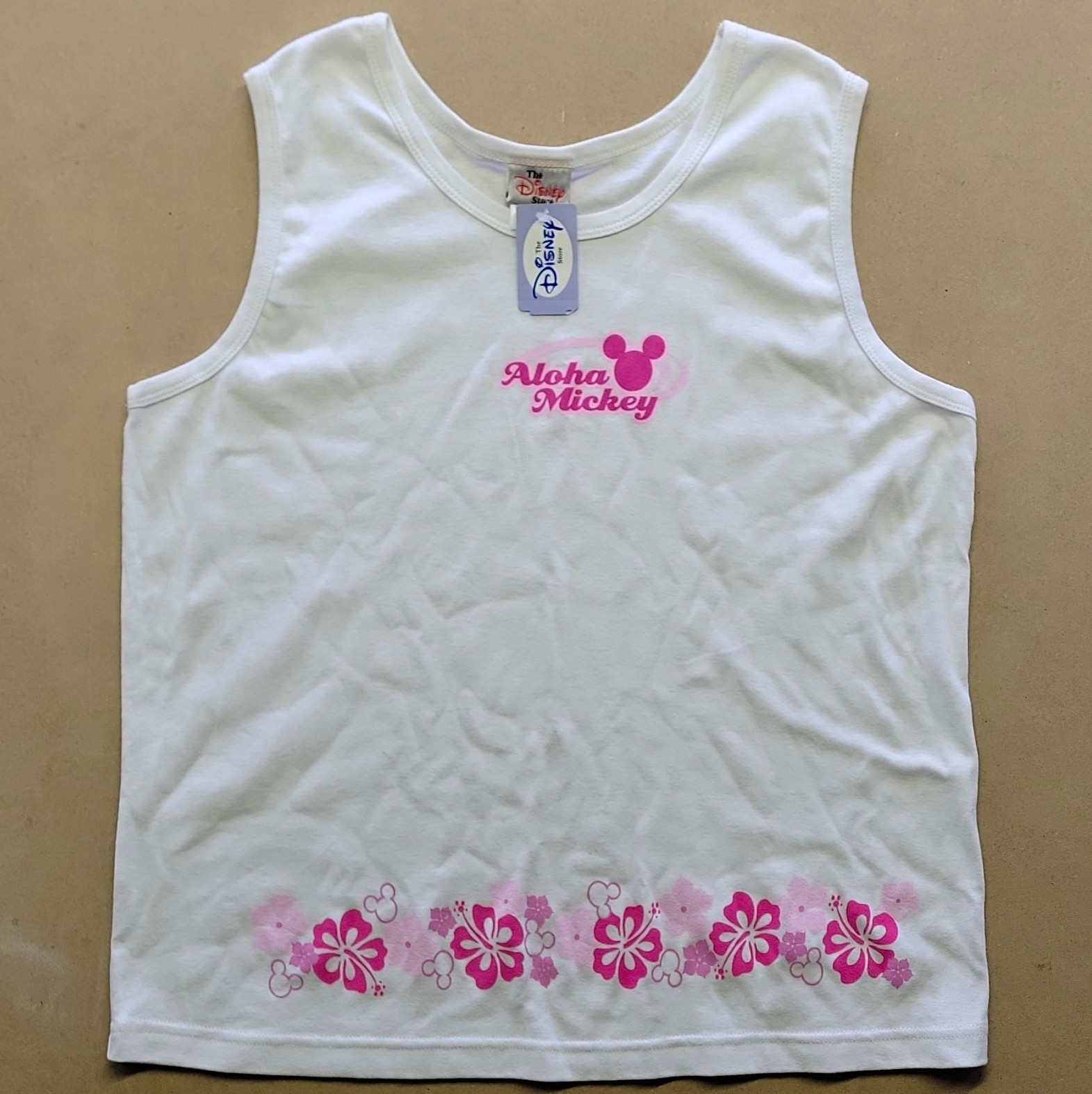 VTG 1990s The Disney Store Aloha Mickey Mouse Sleeveless Tank Top White/Pink XL