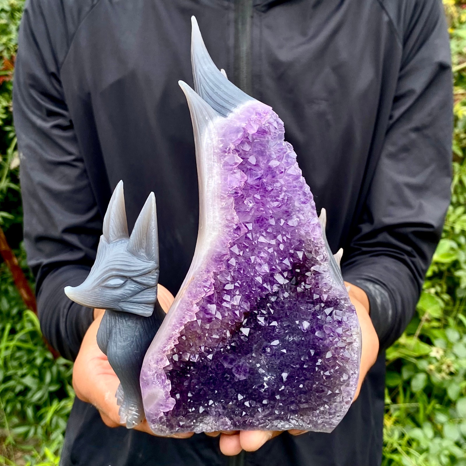 2.5LB  Natural Amethyst Geode Hand Carved Nine-tailed Fox Quartz Crystal Decor
