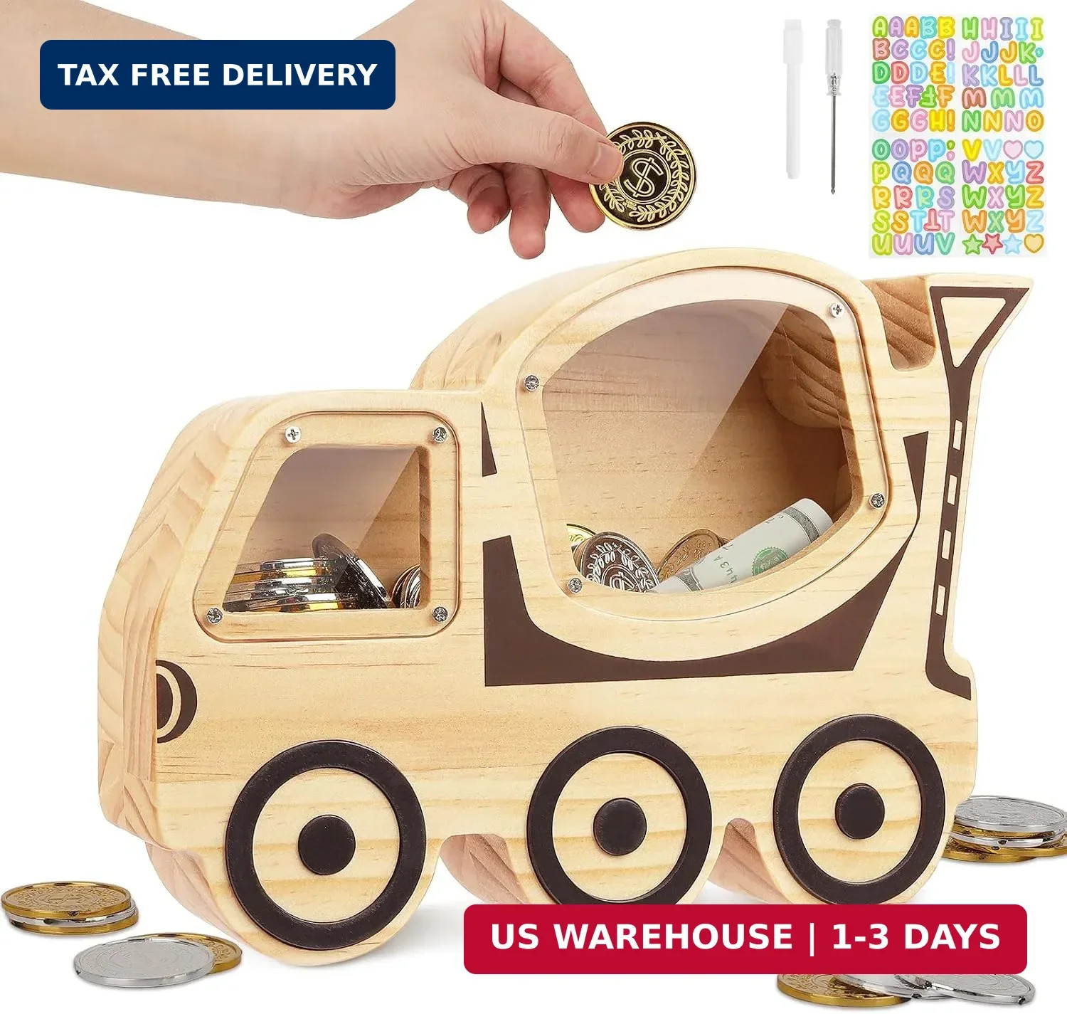 Wooden Piggy Bank for Kids, Unbreakable Coin Bank, Cement Tanker