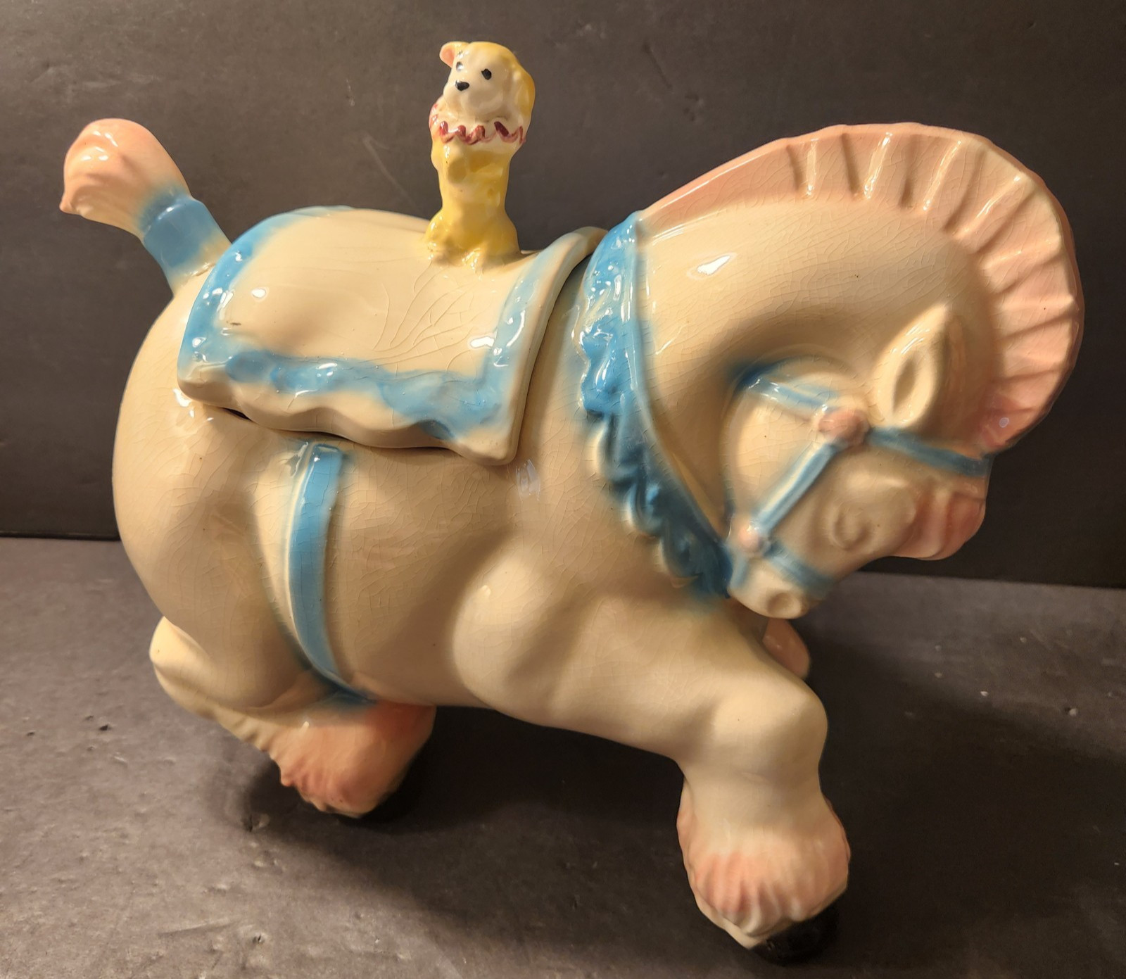 Vintage 1950s Brush Pottery Circus Horse Dog Cookie Jar Pink Blue USA Vintage 1950s Brush Pottery Circus Horse Dog Cookie Jar Pink Blue USA