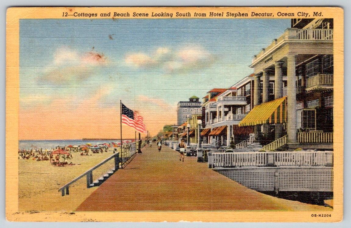 1951 OCEAN CITY MD COTTAGES BEACH BOARDWALK FROM HOTEL STEPHEN DECATUR POSTCARD